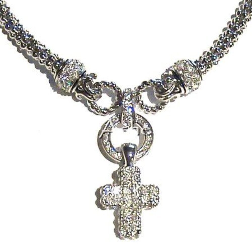 Beautiful Removable Clear Cz Cross Charm w/Cz Circle Woven Necklace